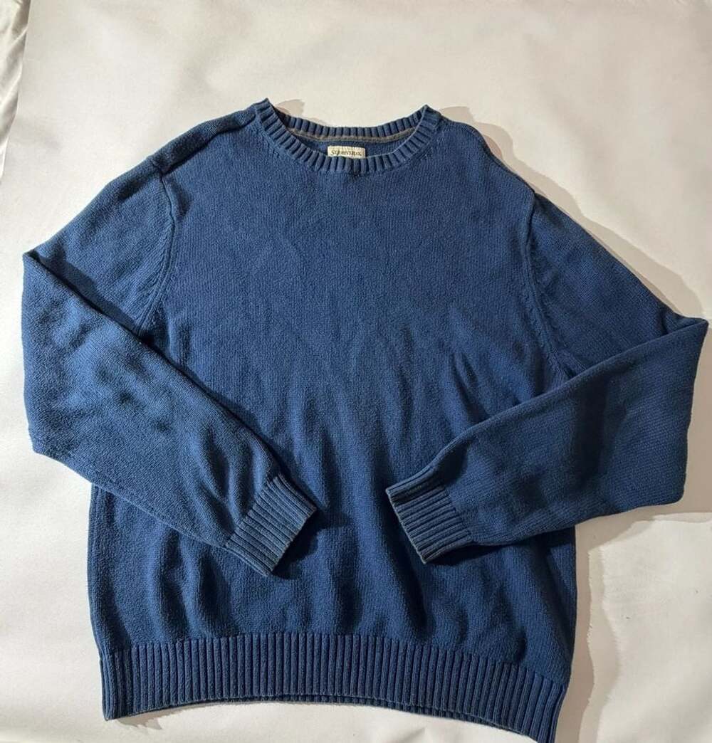 St Johns Bay Mens L Blue Cotton Crewneck Knit Sweater Long Sleeve Y2K